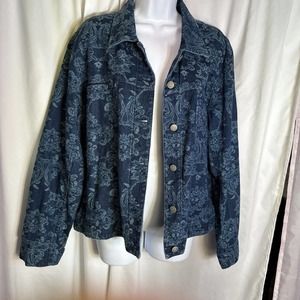 Chico’s Denim Jacket Floral size 2 All Cotton Lightweight Holiday Christmas